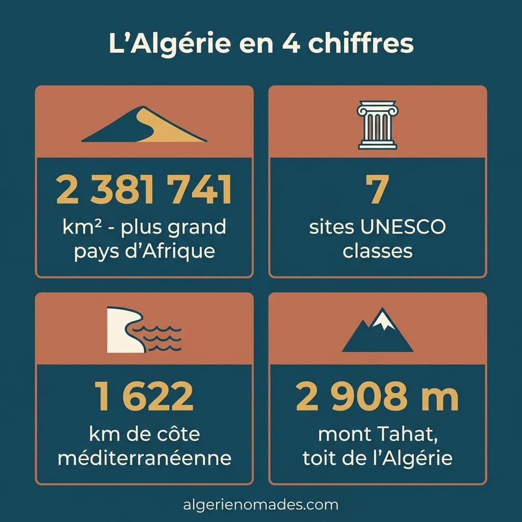 L'Algérie en 4 chiffres : 2 381 741 km², 7 sites UNESCO, 1 622 km de côte, mont Tahat 2 908 m