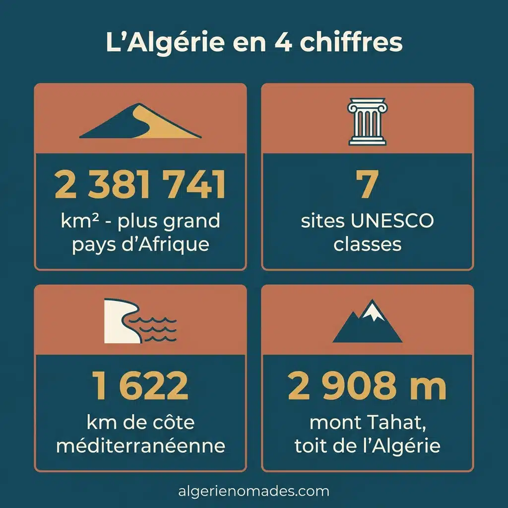 L'Algérie en 4 chiffres : 2 381 741 km², 7 sites UNESCO, 1 622 km de côte, mont Tahat 2 908 m