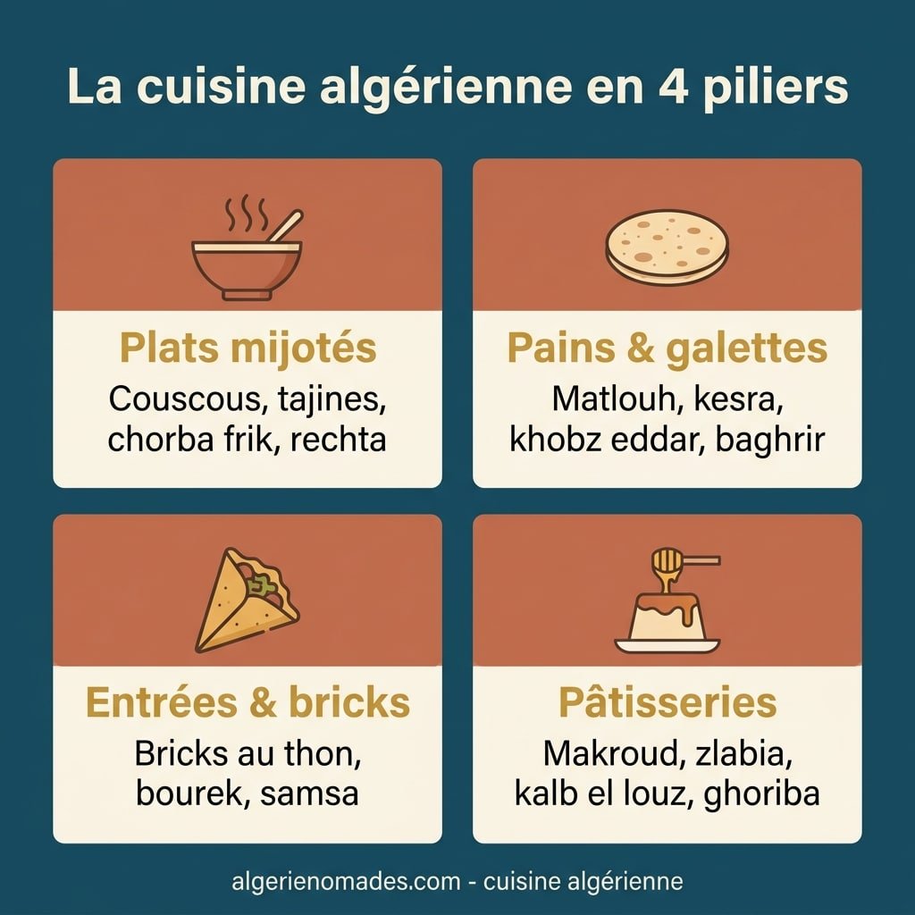 Infographie : la cuisine algerienne en 4 piliers - plats mijotes, pains, bricks, patisseries