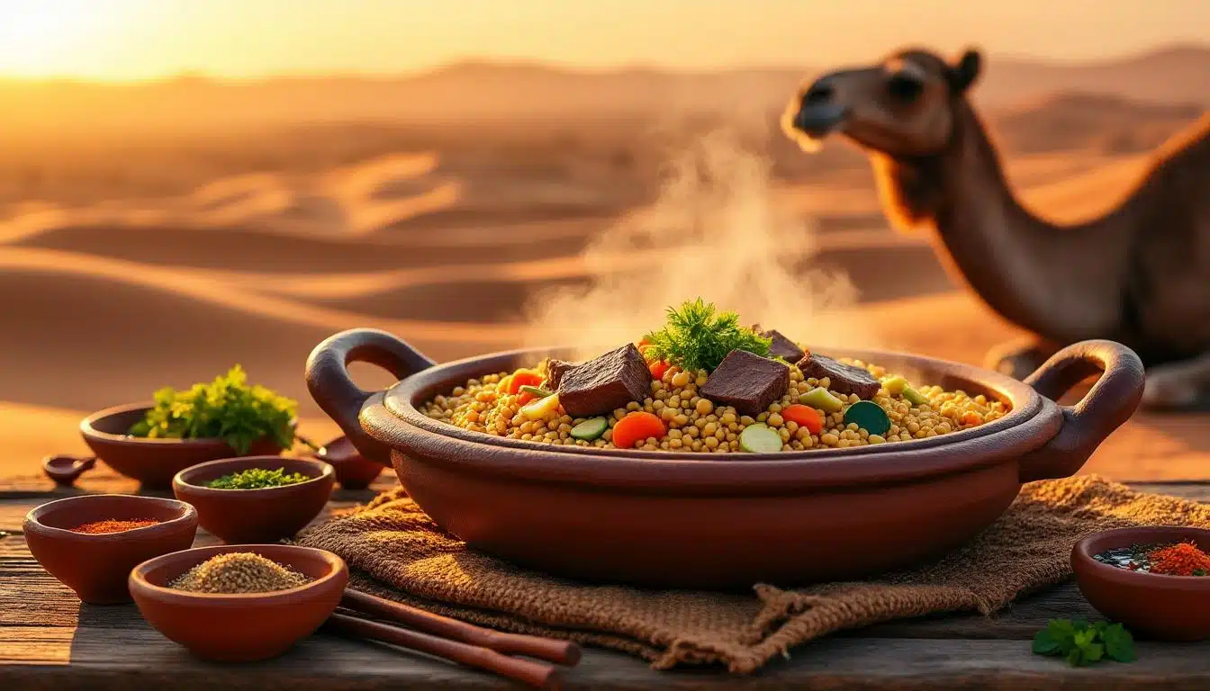 Le couscous saharien, un plat traditionnel du sud mettant à l'honneur la viande de dromadaire pour une expérience culinaire authentique et savoureuse.