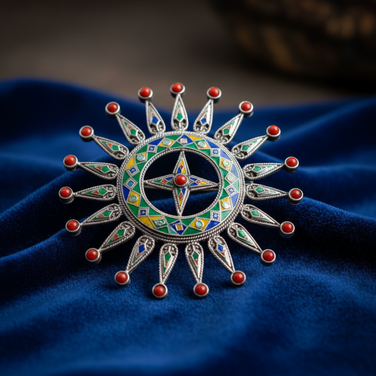 Fibule berbere kabyle en argent, emaux et corail