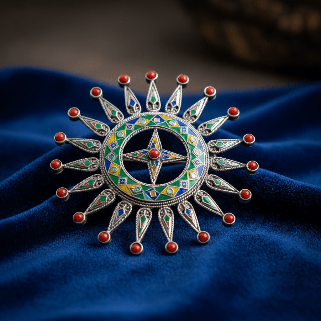 Fibule berbere kabyle en argent, emaux et corail