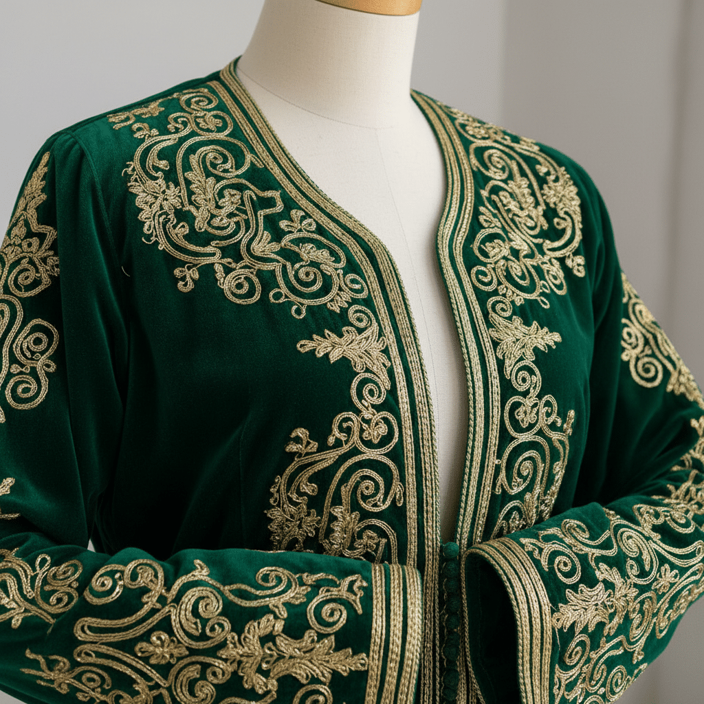 Veste karakou en velours brode de fils d or