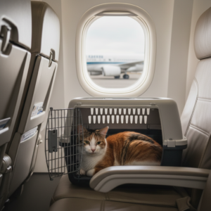 Un chat installé dans sa caisse de transport à bord d un avion, près du hublot
