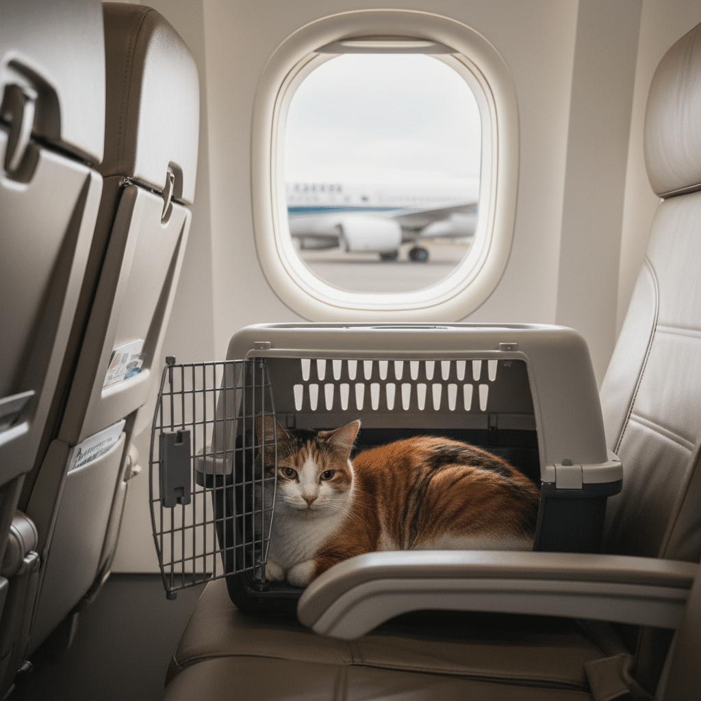 Un chat installé dans sa caisse de transport à bord d un avion, près du hublot