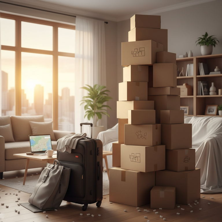 Cartons de déménagement et valise avant un retour définitif