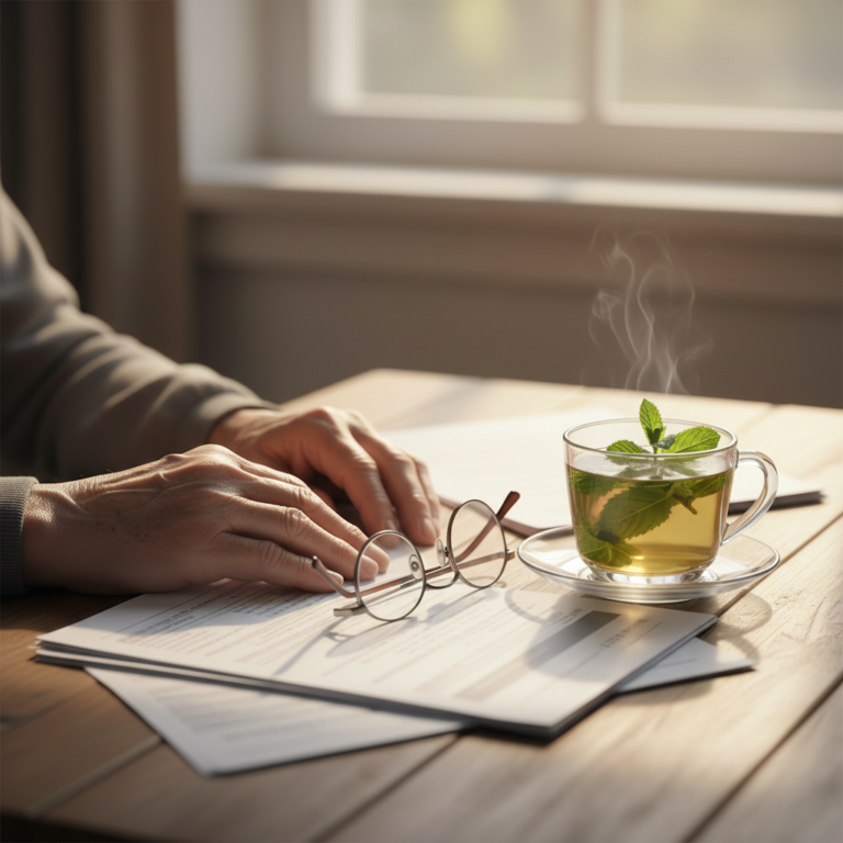 Mains d'une personne âgée près de documents et d'un thé à la menthe