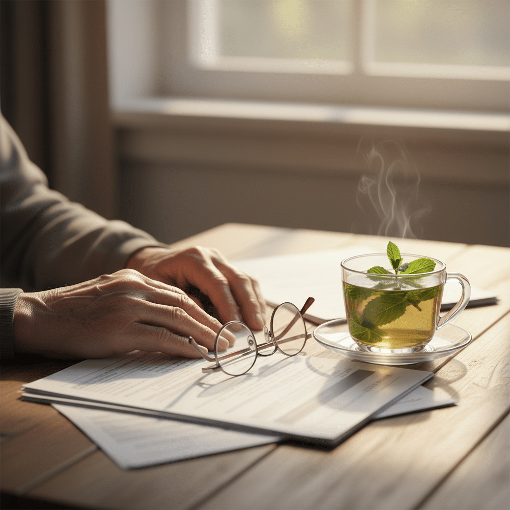 Mains d'une personne âgée près de documents et d'un thé à la menthe