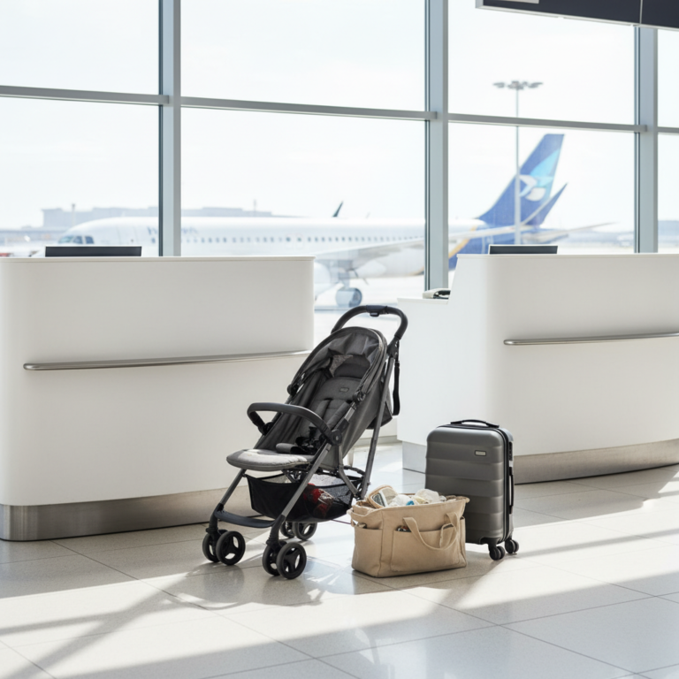 Poussette pliée, sac à langer et valise cabine devant un comptoir d enregistrement à l aéroport
