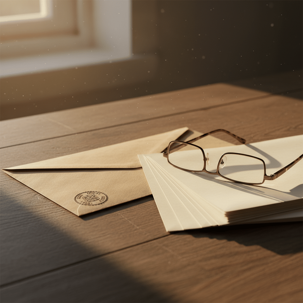 Enveloppe scellée et documents administratifs posés sur une table