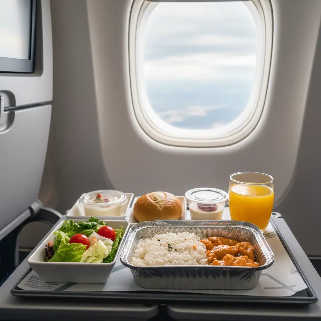 Plateau-repas servi à bord d un avion avec plat chaud, salade, pain et jus d orange