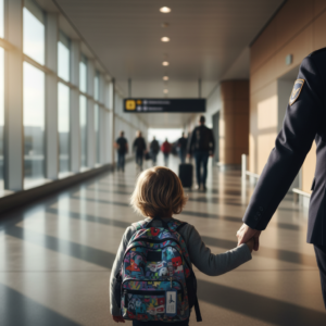 Enfant vu de dos avec son sac à dos, accompagné par un agent dans un terminal d aéroport