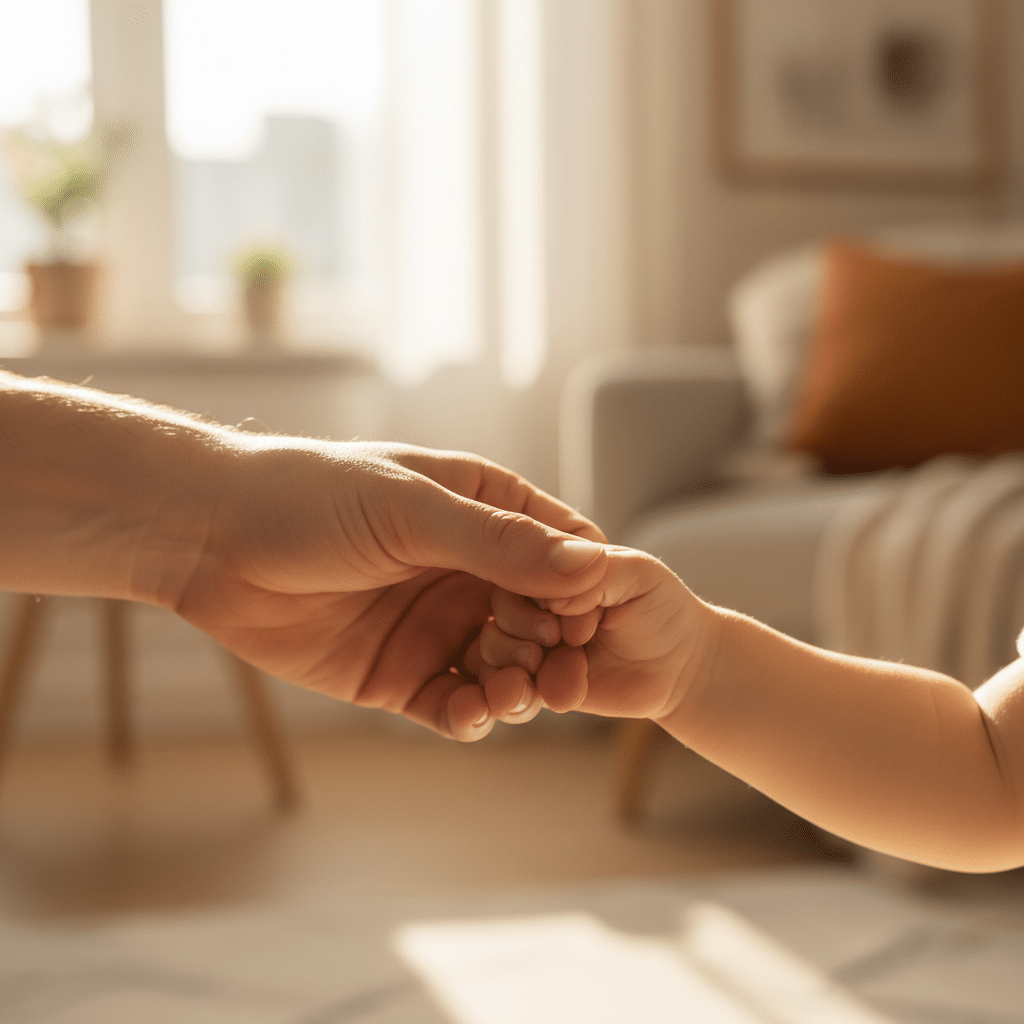 Main d'adulte tenant la main d'un enfant dans un salon