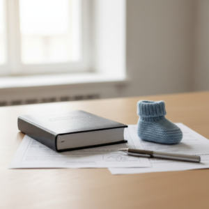 Livret de famille et chausson de bébé posés sur un bureau