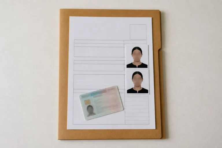 Dossier de demande de passeport algérien posé sur un comptoir, avec formulaire et photos d'identité