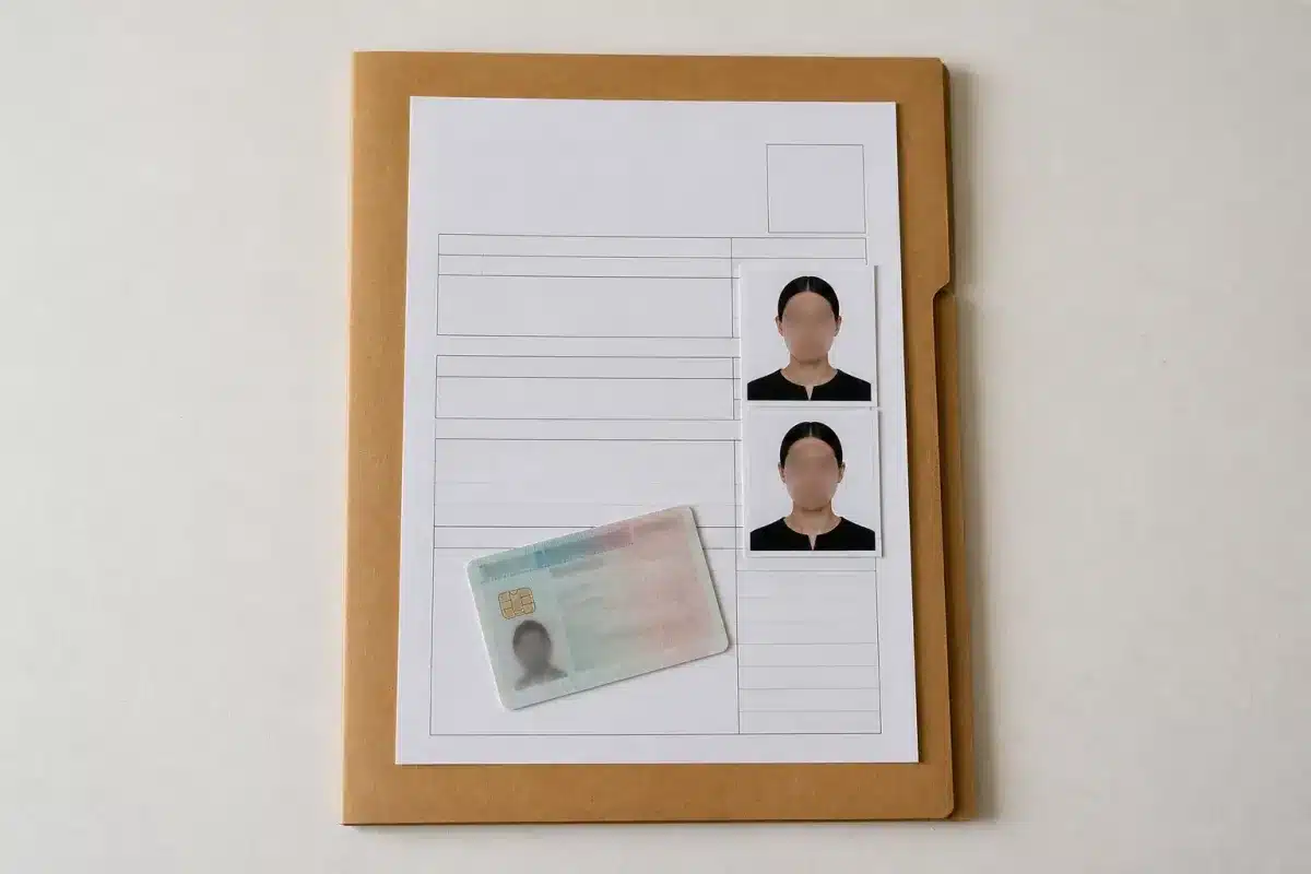 Dossier de demande de passeport algérien posé sur un comptoir, avec formulaire et photos d'identité