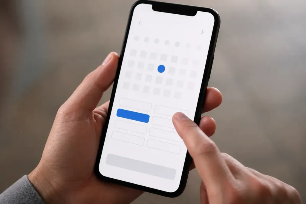 Écran de téléphone montrant une page de prise de rendez-vous avec des créneaux