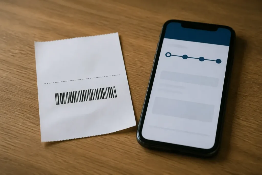 Récépissé de dépôt de passeport avec un numéro de suivi à côté d'un téléphone affichant une page de suivi