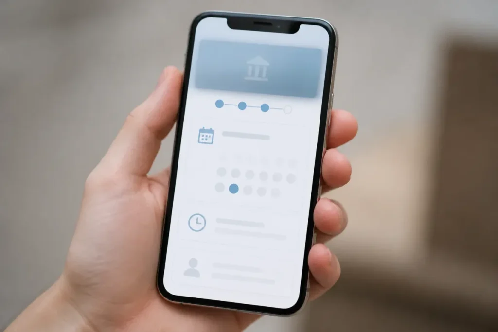 Écran de smartphone montrant une page de prise de rendez-vous, sans données personnelles visibles